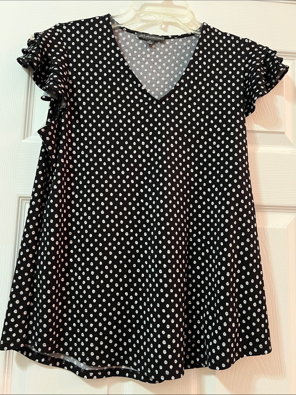 Adrianna Papell Black and White Polka Dot V-Neck Ruffle Sleeve Tunic
